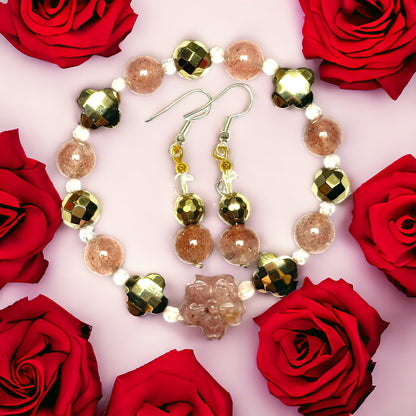 Parure Quartz Fraise 🍓 , Pyrite facetté et Quartz Transparent